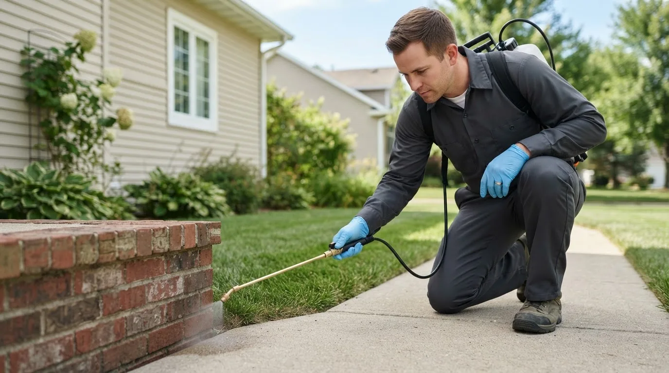 Pest control technician treating a home near Walkerton, IN